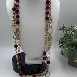 Talbots gold tone Double Strand‎ Red Bead Long Necklace New